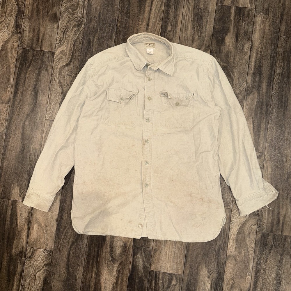 LL Bean Button-Down Utility Canvas Shirt Long-Sleeve Distressed Men's Large Tan
